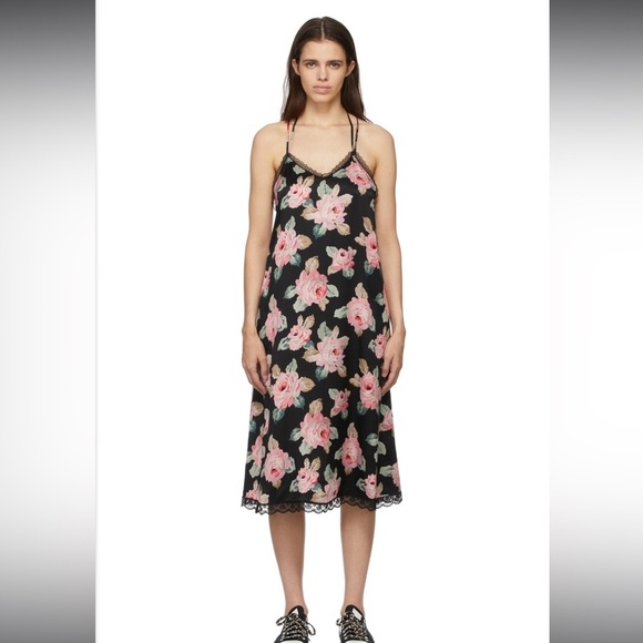 R13 Lace Slip Dress Silk Size Medium Black With Pink Floral Pattern Mid Length - Picture 1 of 10
